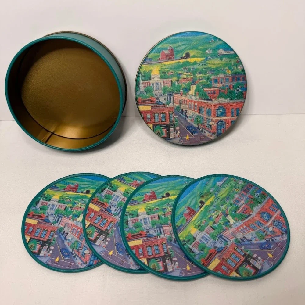 Vintage Heilig-Meyers‎ Folk Art Small Town Main Street Coaster Set with Tin 4pc